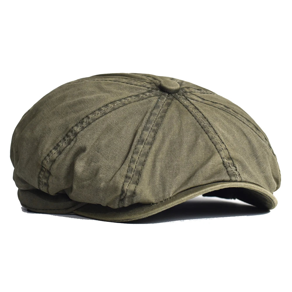Washed Cotton Newsboy Cap – Vintage Peaky Octagonal Flat Ivy Hat for Men & Women