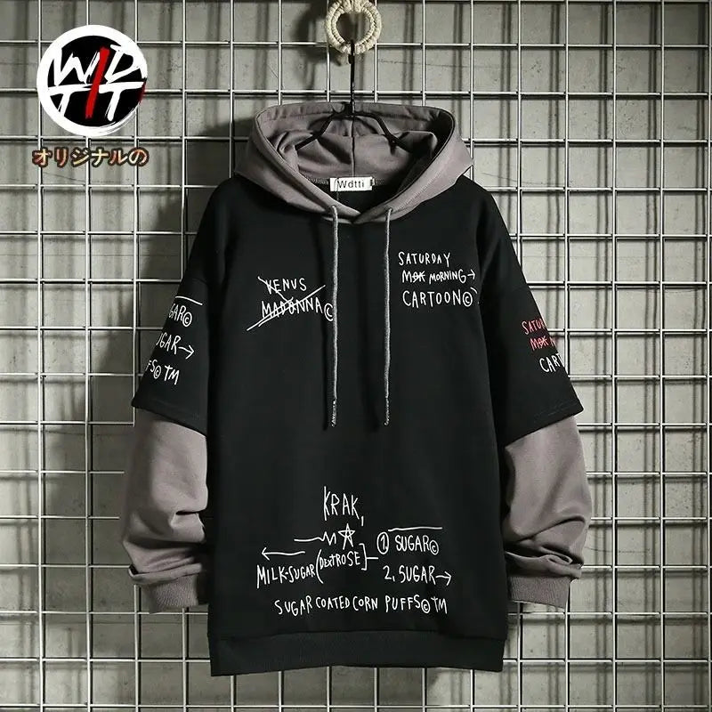 Retro Mock Two-Piece Hooded Sweatshirt – Men’s Fleece-Lined Korean Hip-Hop Hoodie for Spring/Autumn