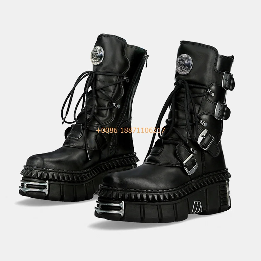 Metal Rock Punk Motorcycle Boots – Belt Buckle Lace-Up Short Boots for Women (Size 35–45)