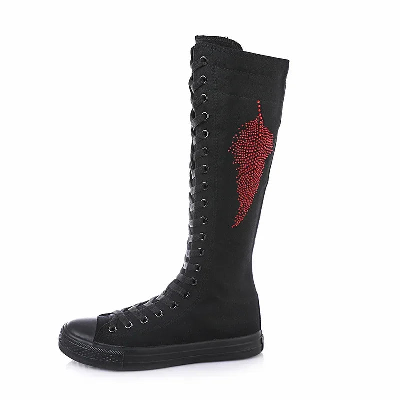 High-Top Long Canvas Boots for Women – Lace-Up Zipper Punk Rivet Dance Shoes - Image 5