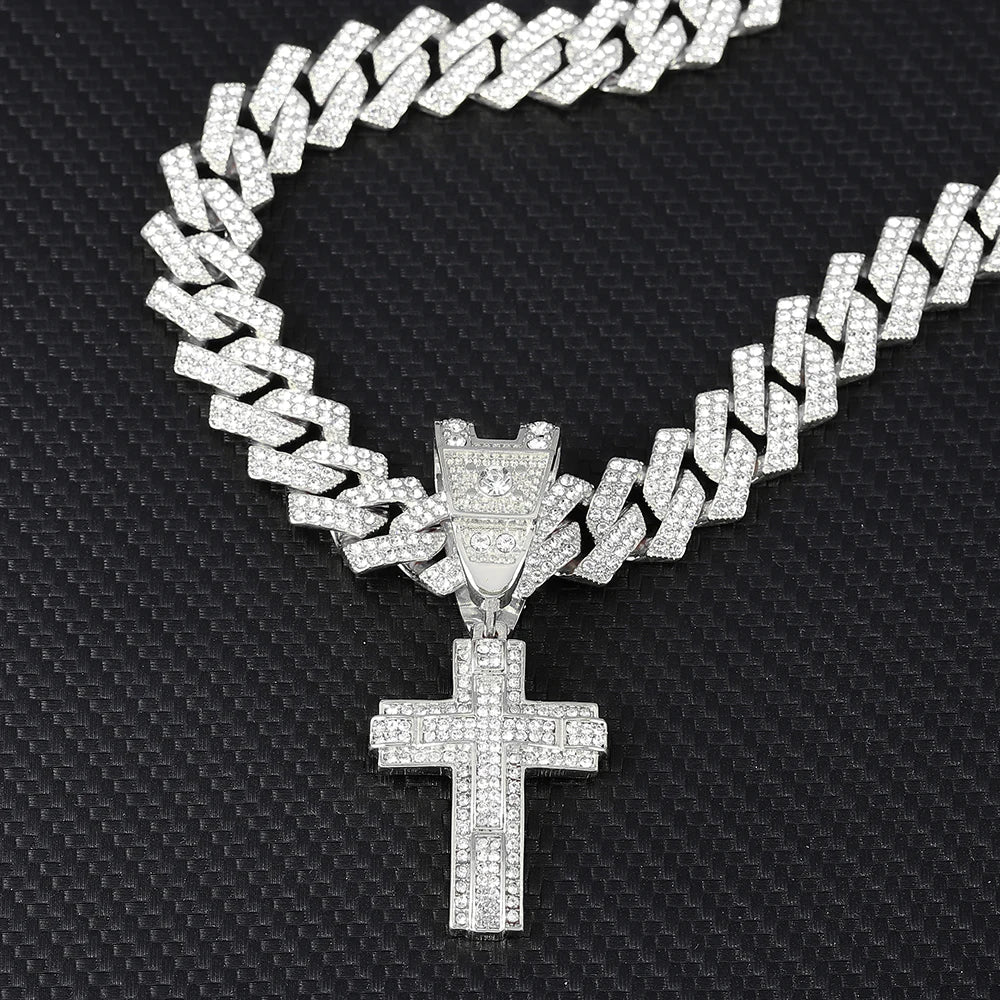 Men & Women Shiny Cross Pendant Necklace with Miami Cuban Chain Link - Image 3