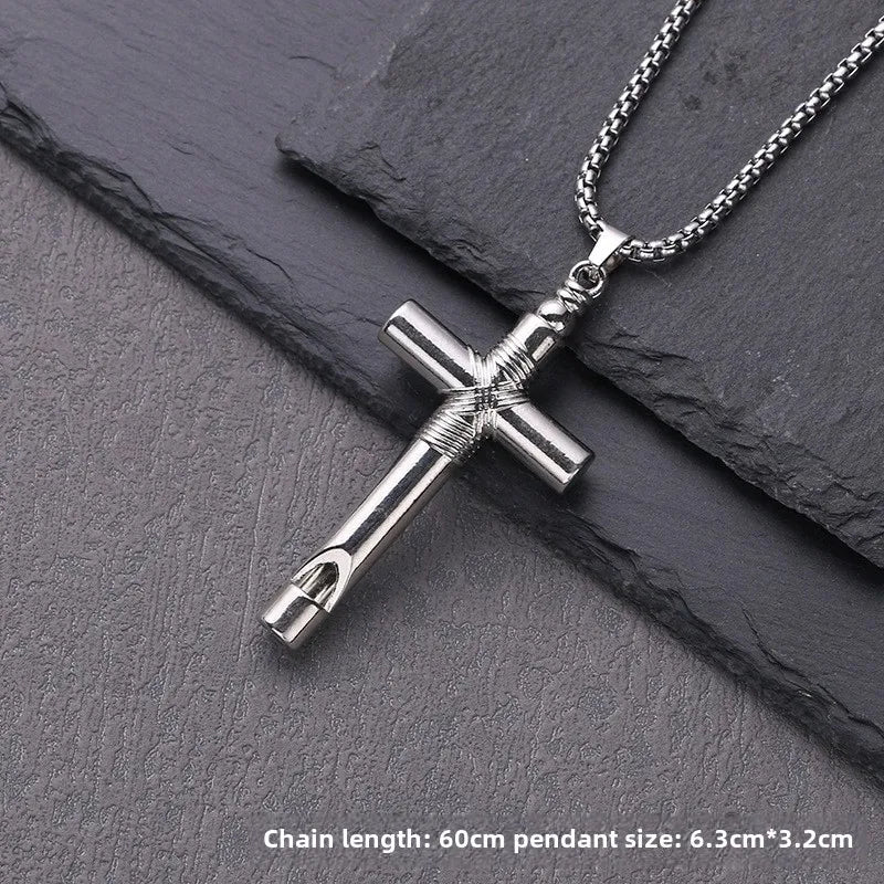 HNSP Stainless Steel Whistle Cross Pendant – Men's Chain Necklace - Image 4