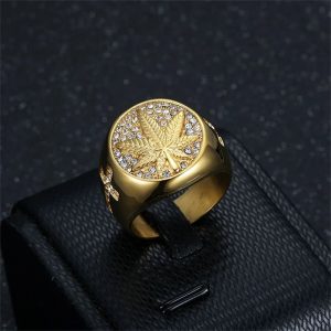 Hip Hop Iced Out Hemp Leaf Ring – Gold Stainless Steel Bling Ring for Men