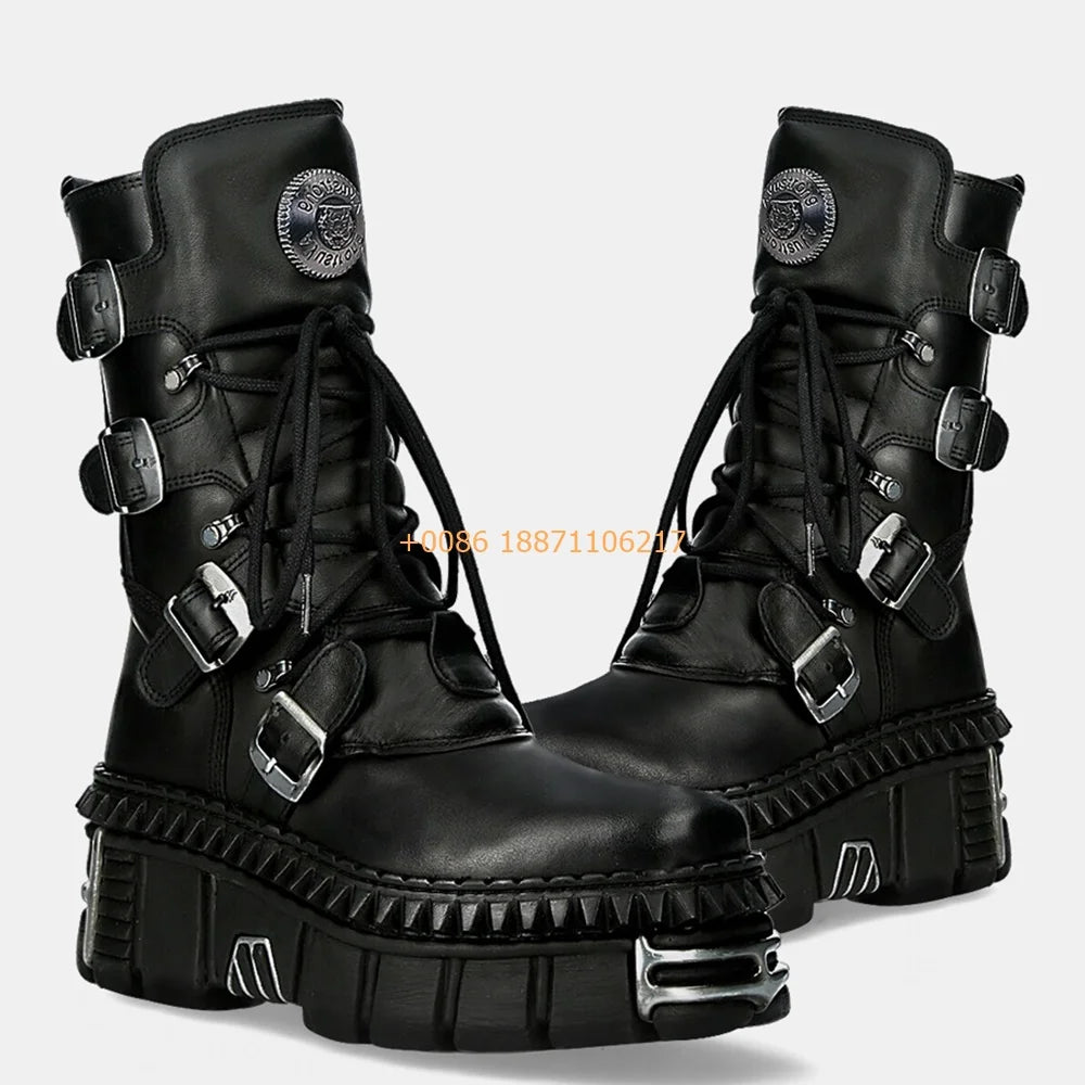 Metal Rock Punk Motorcycle Boots – Belt Buckle Lace-Up Short Boots for Women (Size 35–45) - Image 2