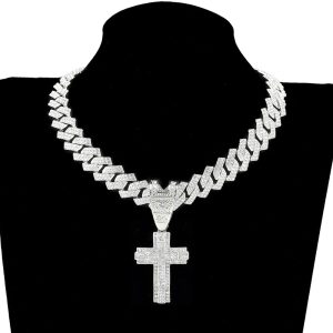 Men & Women Shiny Cross Pendant Necklace with Miami Cuban Chain Link