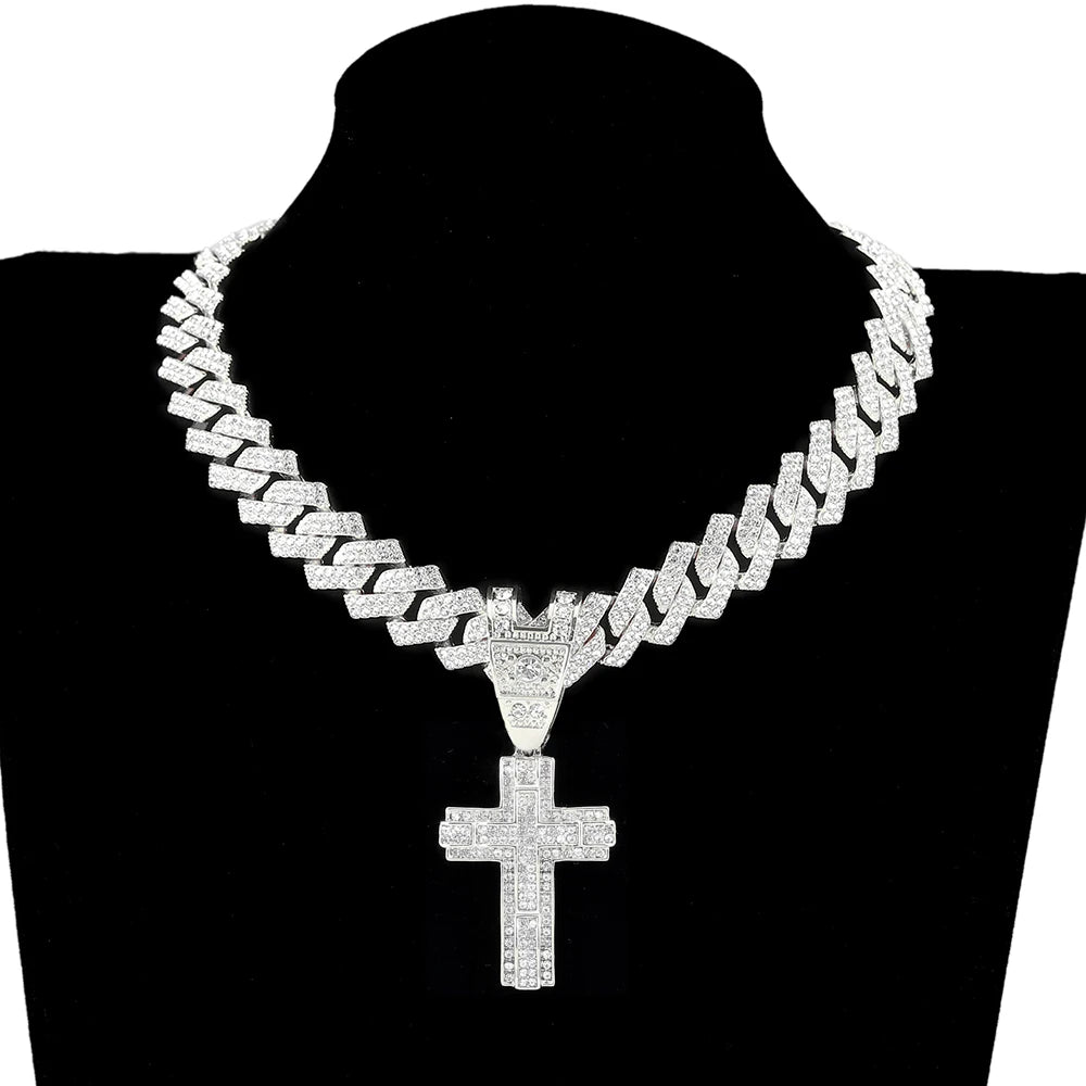 Men & Women Shiny Cross Pendant Necklace with Miami Cuban Chain Link