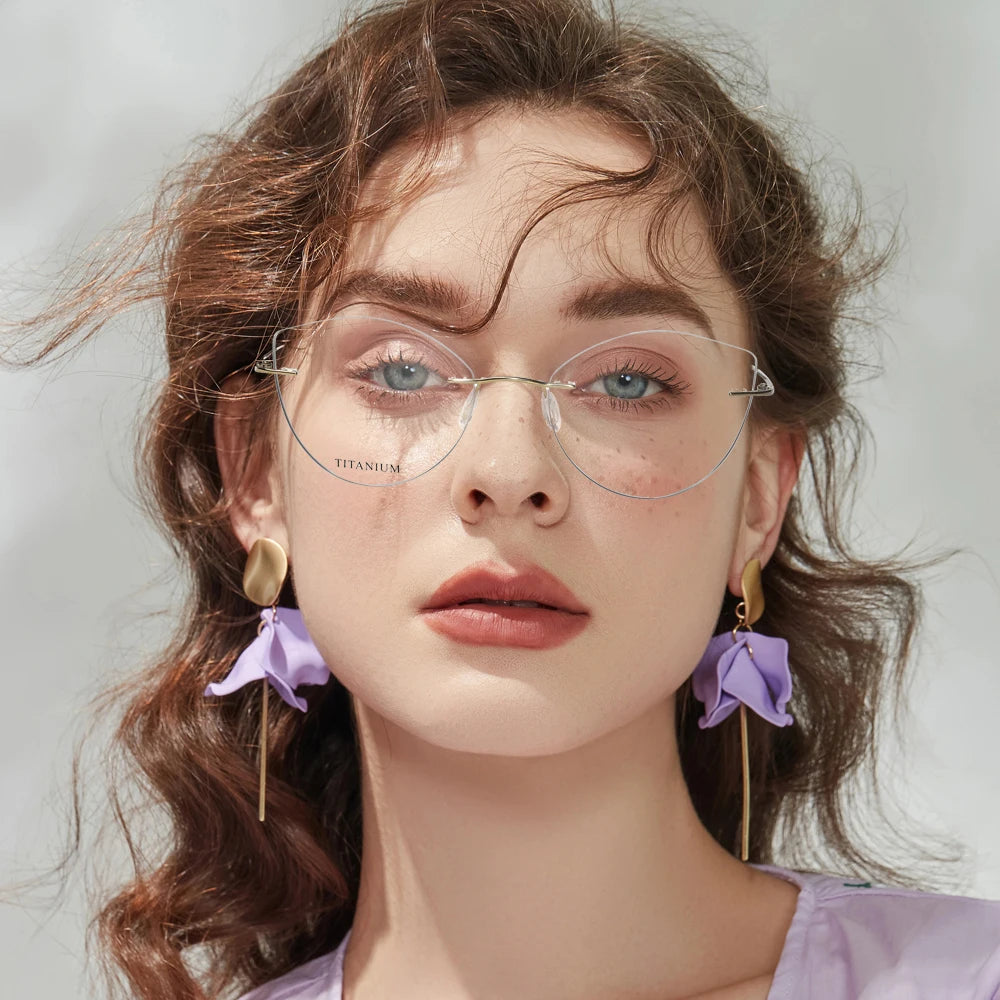 Pure Titanium Rimless Cat Eye Glasses – Women's Anti-Blue Light Eyewear with +1 Diopters