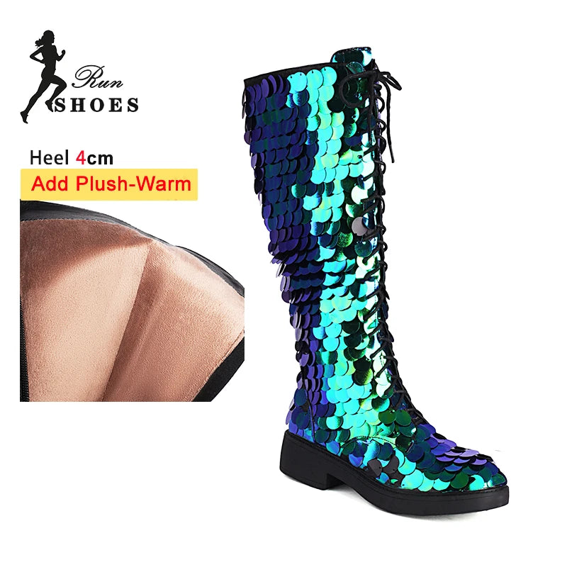 2025 Shiny Sequin Knee-High Boots – Silvery Lace-Up Gothic Hip-Hop Dance Shoes for Women - Image 7
