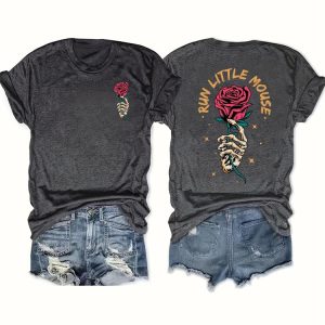 2025 Red Rose Printed T-Shirt – Casual Loose-Fit Short Sleeve Summer Tee