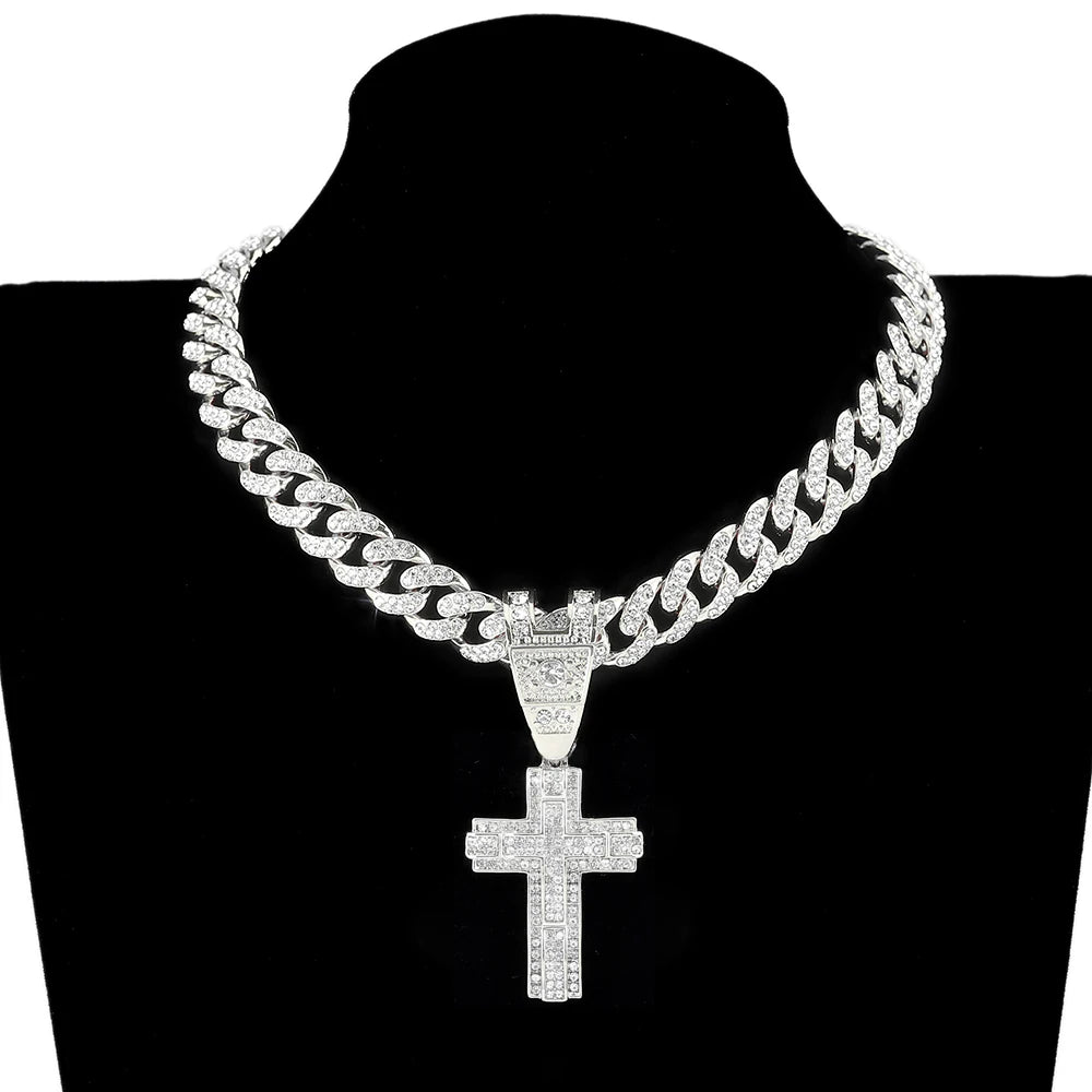 Men & Women Shiny Cross Pendant Necklace with Miami Cuban Chain Link - Image 2