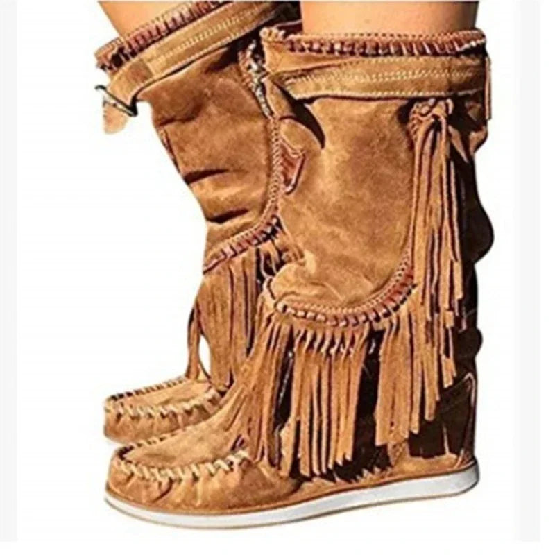 Women’s Pirate Boots – Pleated Tassel Mid-Calf Buckle Leather Boots with High Heels - Image 5
