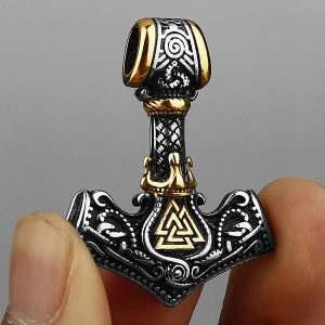 HNSP Viking Rune Pendant Necklace – 316L Stainless Steel Thor’s Hammer Norse Mythology Jewelry for Men