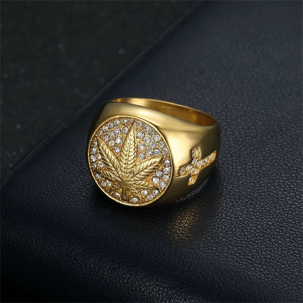 Hip Hop Iced Out Hemp Leaf Ring – Gold Stainless Steel Bling Ring for Men - Image 4