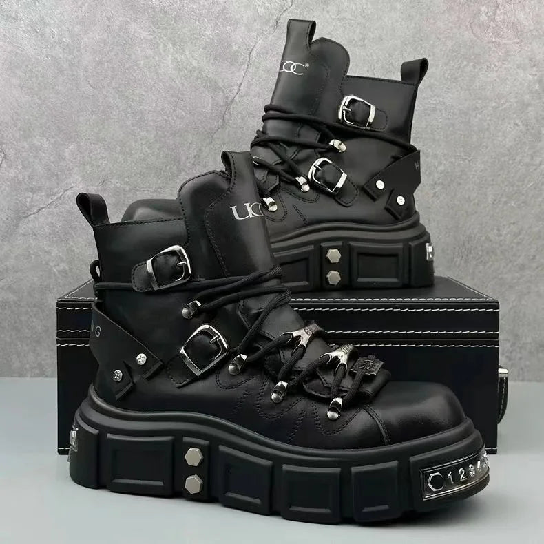 Men’s Fashion Leather Boots – Metal Rivet Decor Punk Motorcycle Hip-Hop Dance Boots - Image 11