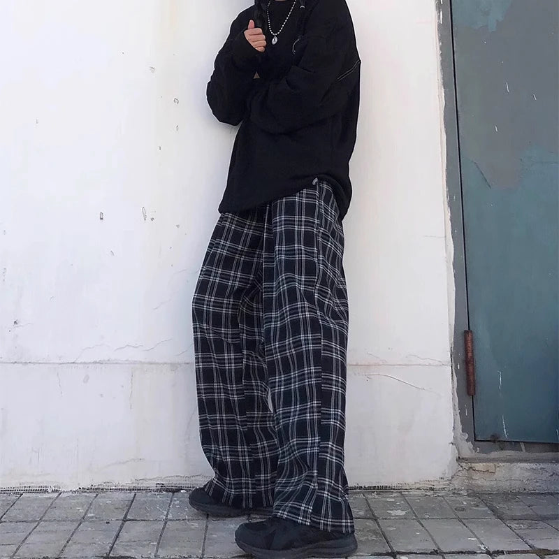 Oversize Pants Women Sweatpants Summer Fashion Black Plaid Casual Pants Elastic Waist Casual Pockets Student Unisex Trousers - Image 2
