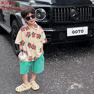 2-9Y Boys Pure Cotton Shirt and Green Shorts 2-piece Summer Shirt Short Sleeved Shorts Set 2025 Baby Boy Beach Vacation Clothes