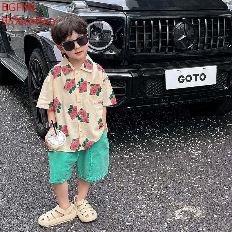 2-9Y Boys Pure Cotton Shirt and Green Shorts 2-piece Summer Shirt Short Sleeved Shorts Set 2025 Baby Boy Beach Vacation Clothes