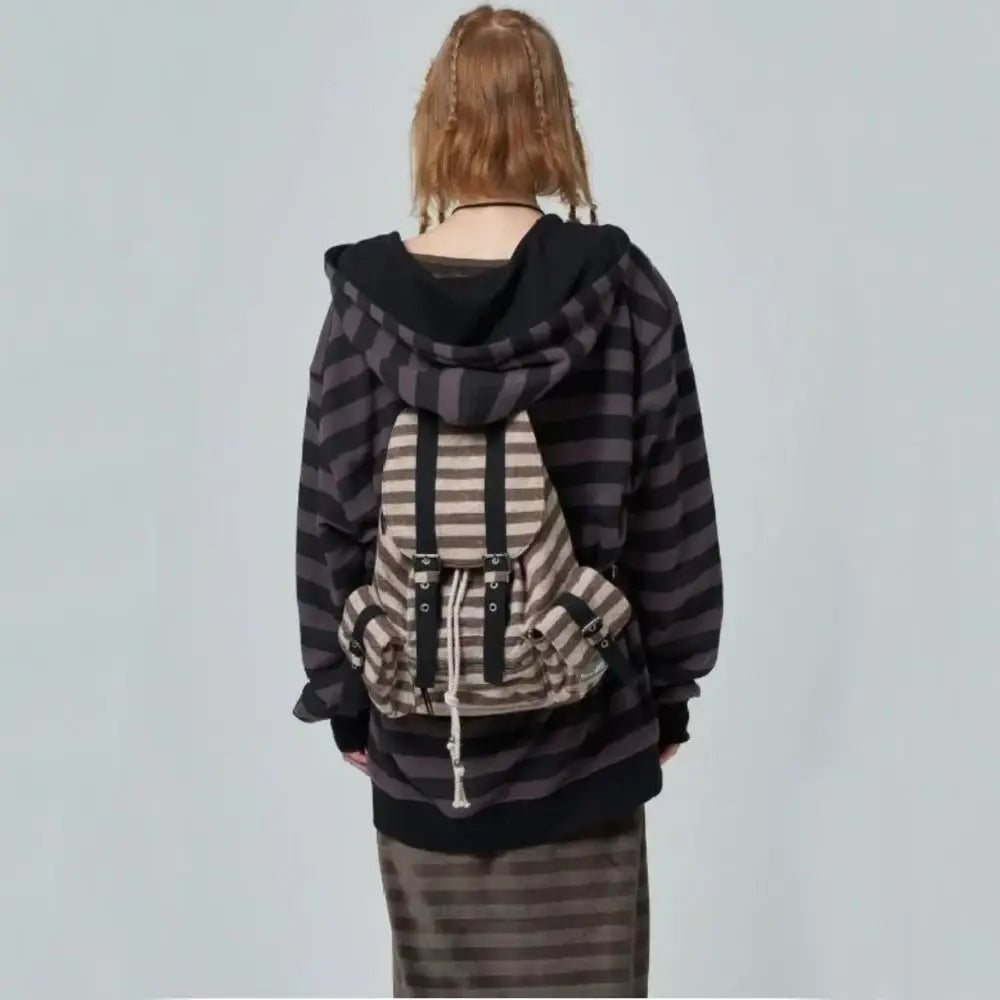High-Quality Korean Style Drawstring Backpack – Unisex Large Capacity Flat Stripe Tote Bag - Image 3