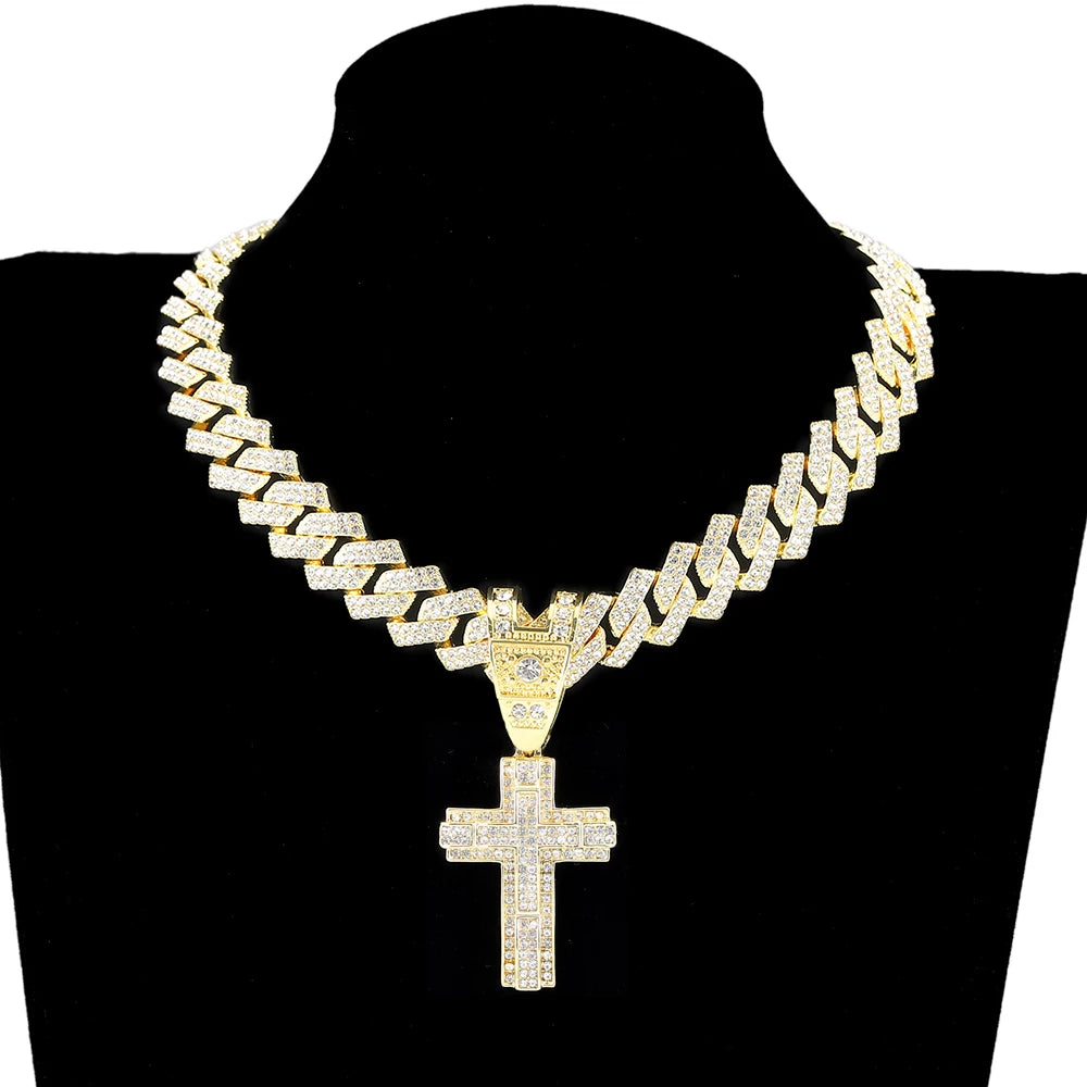 Men & Women Shiny Cross Pendant Necklace with Miami Cuban Chain Link - Image 9