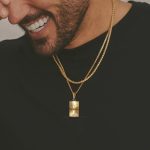 Gold-Plated Sunburst Pendant Necklace – Embossed Rectangle Charm for Men